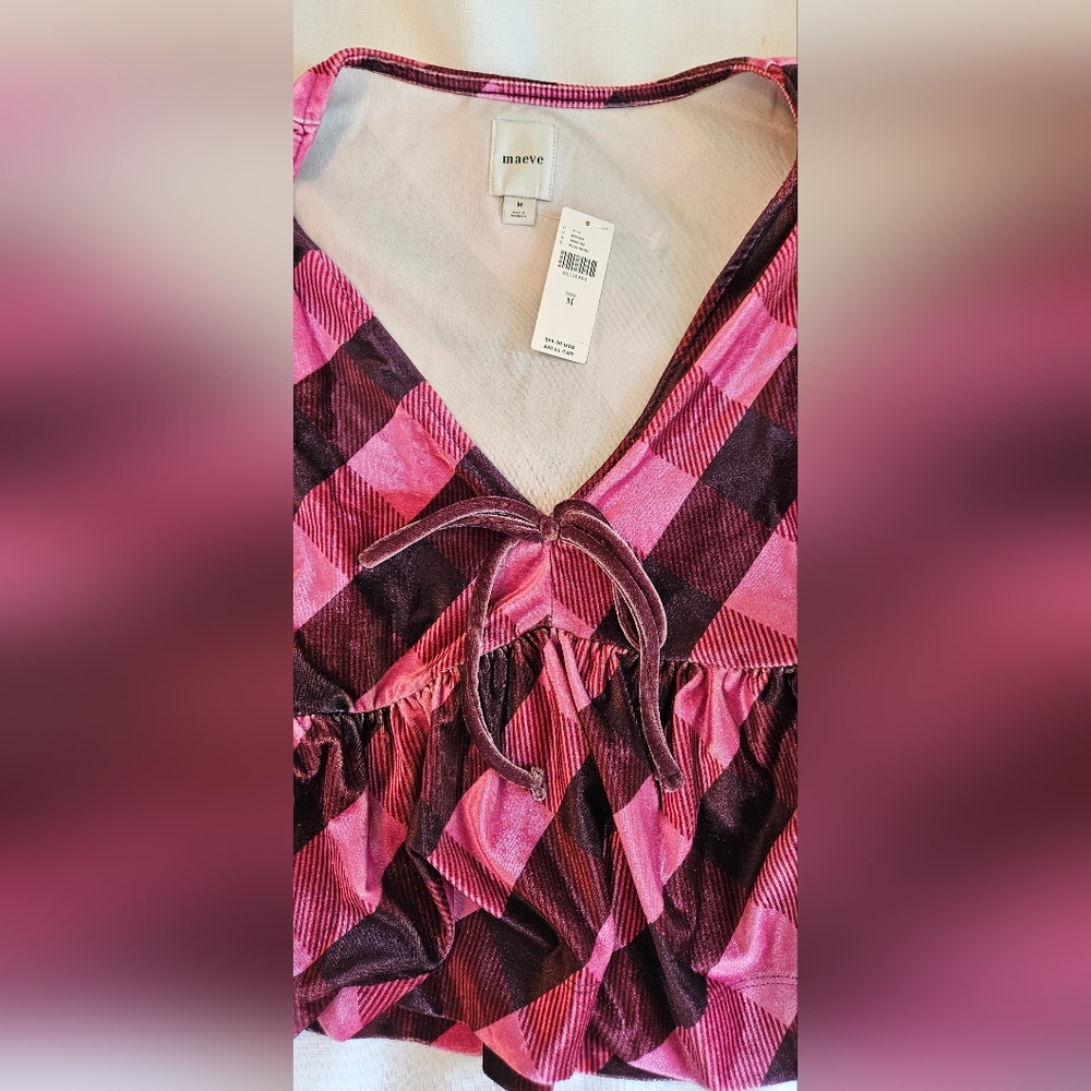 Anthropologie Maeve Plaid Velvet Puff Sleeve Babydoll Top Pink Medium - Picture 5 of 6